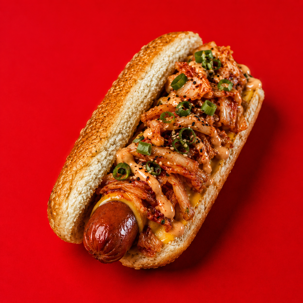 Hot dog topped with kimchi, scallions, sesame and spicy mayo