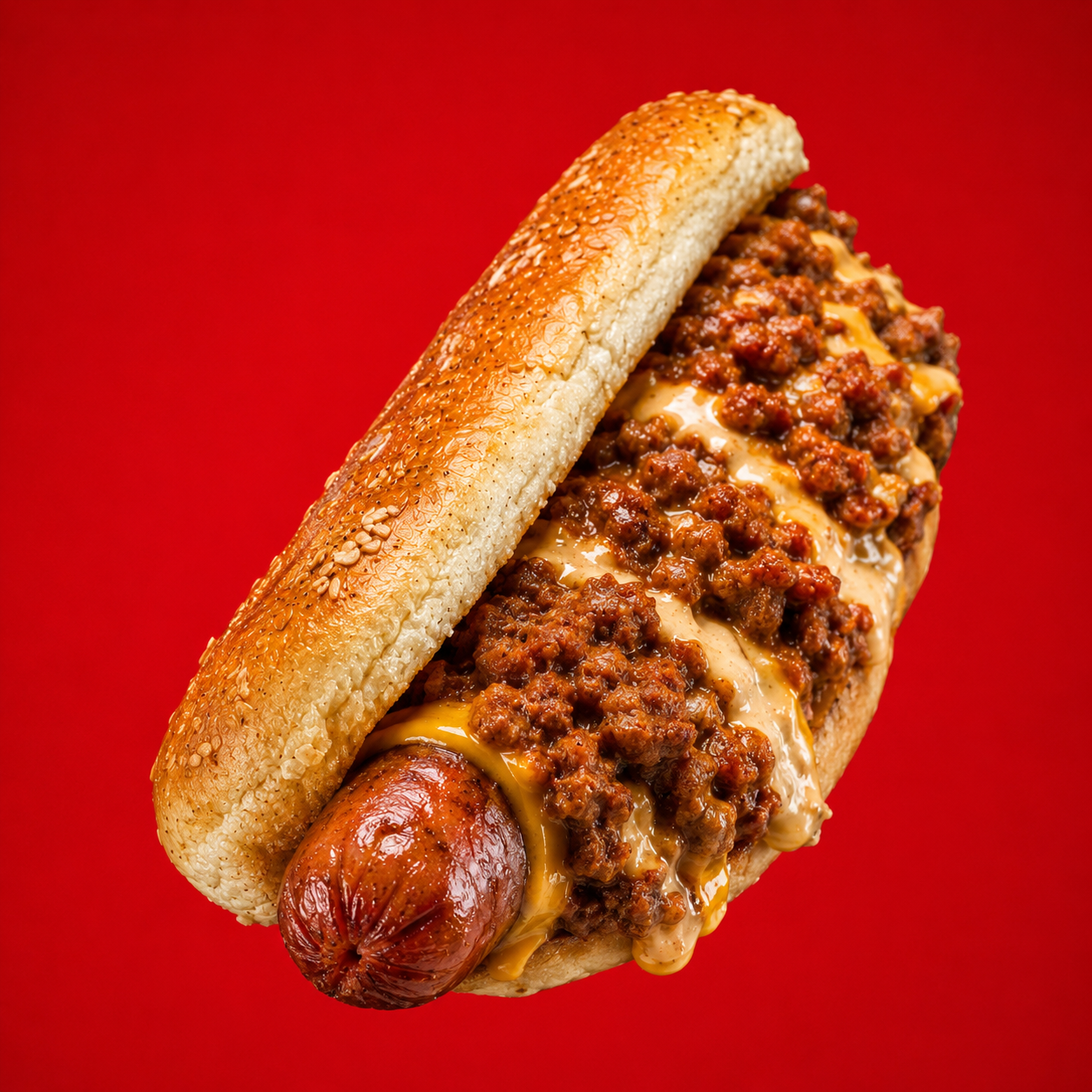 Hot dog smothered in beef chili and cheese sauce