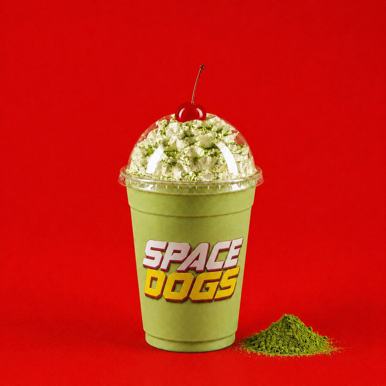 Space Dogs matcha milkshake topped with whipped cream and a cherry
