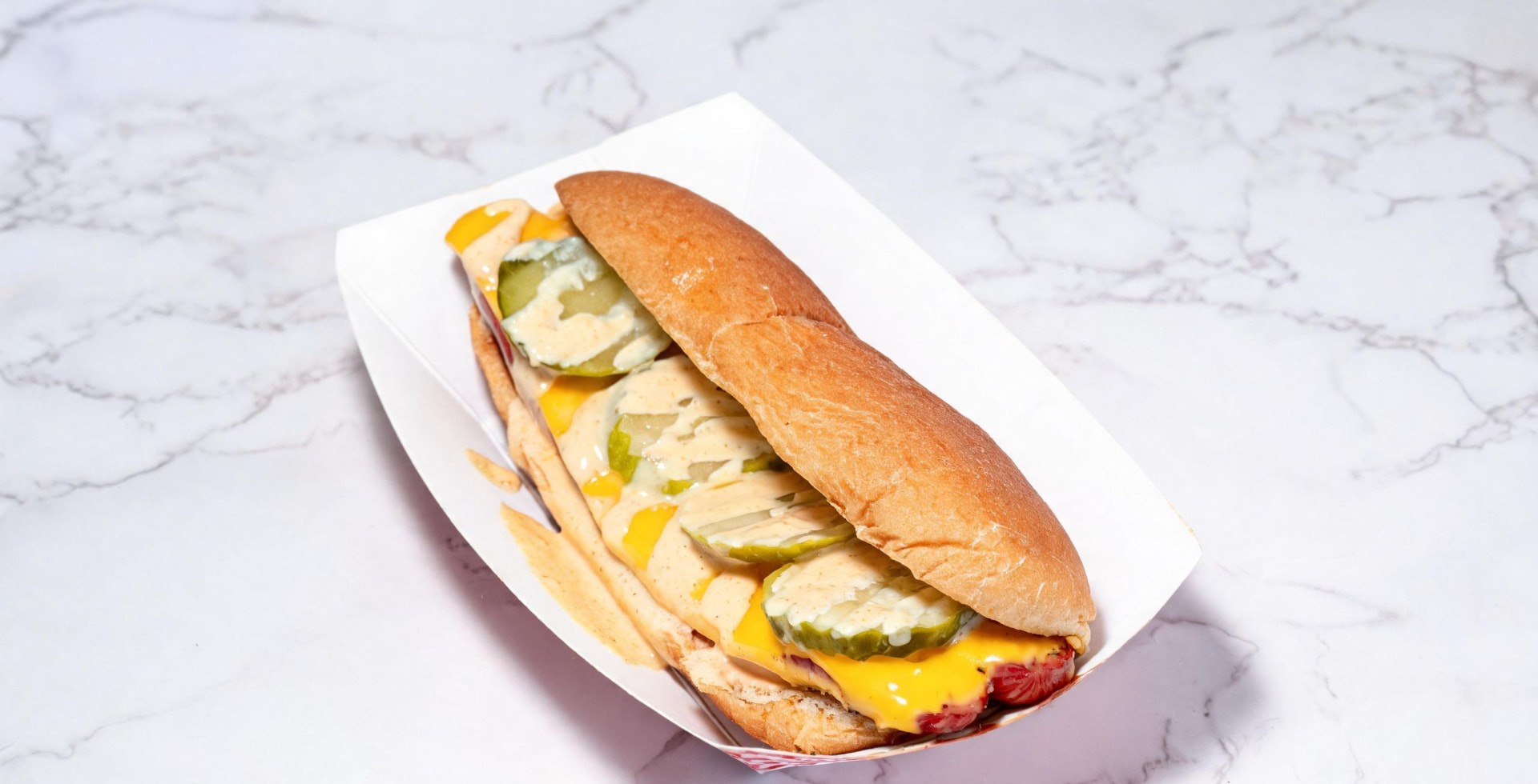 Halal cheese dog with melted American cheese in a sesame bun