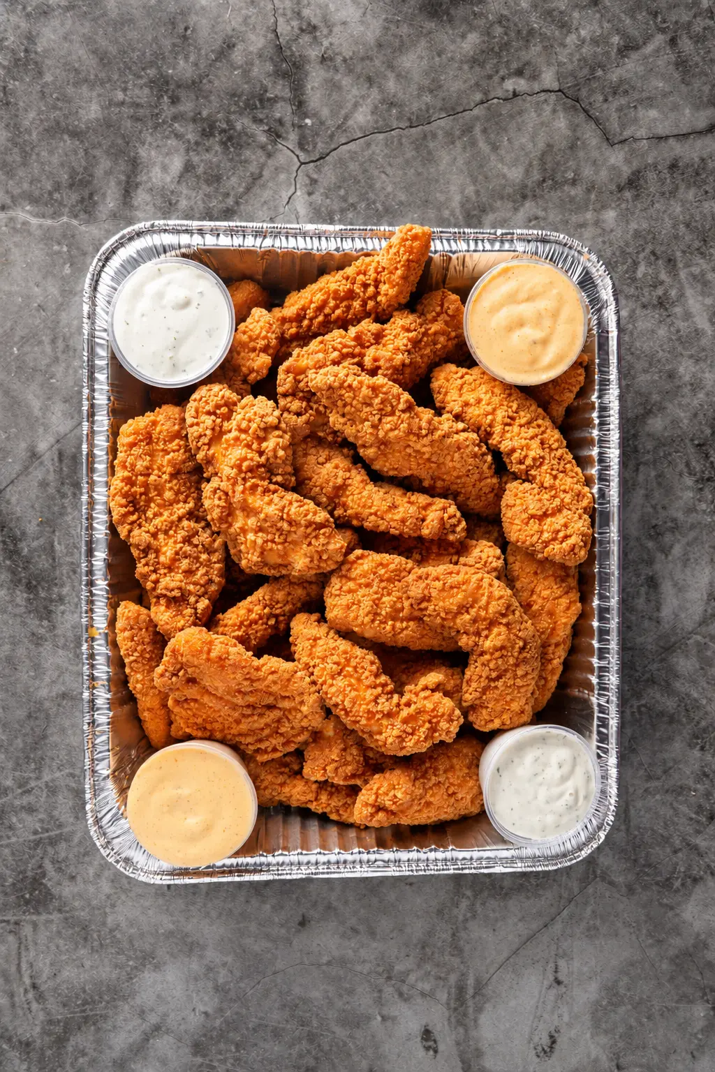 Full aluminum tray of crispy halal chicken fingers with ranch and signature dipping sauces