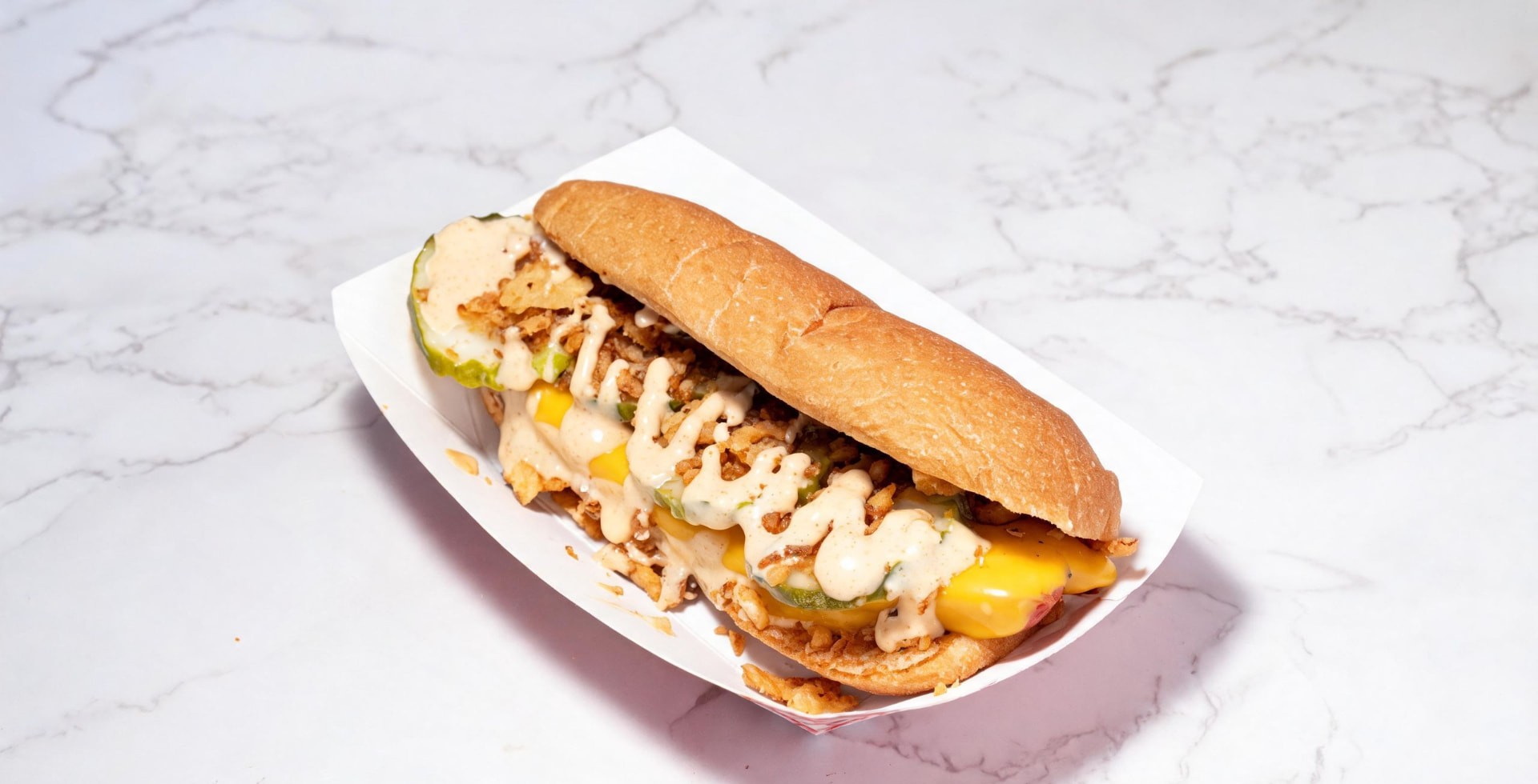 Cheese dog topped with crispy fried onions and drizzled house sauce